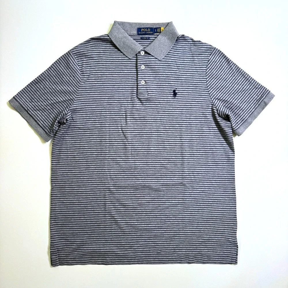 Polo Ralph Lauren Polo Shirt Large Grey Navy Striped Classic Fit Cotton Pony
